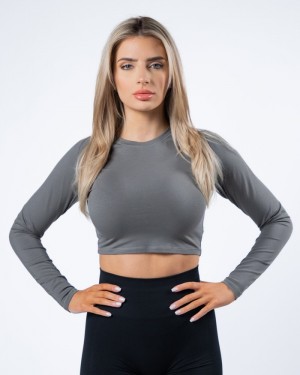 Alphalete Evo Long Sleeve Crop Donna Magliette Grigie | 85QLAXWFH