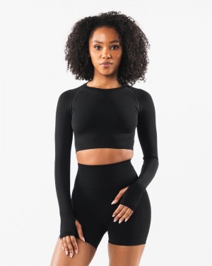 Alphalete Stratus LS Crop Donna Magliette Nere | 43EQTFCYV