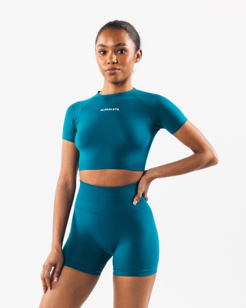 Alphalete Amplify SS Crop Donna Camicie Blu | 83EOVJPUS