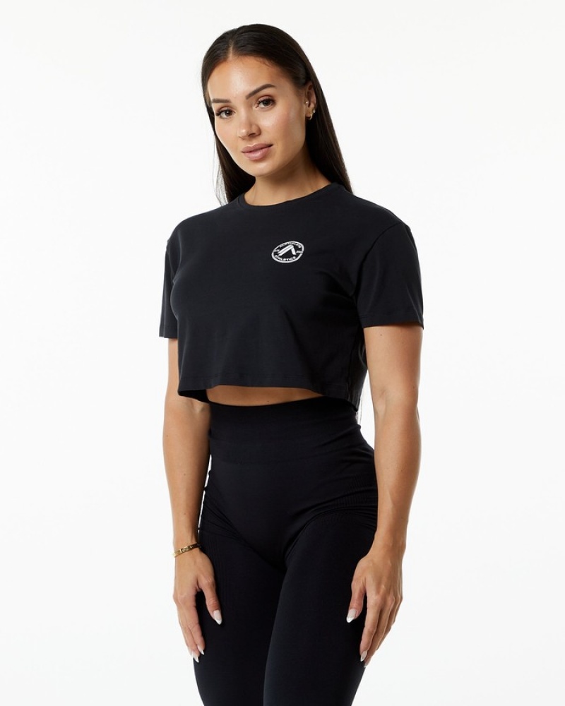 Alphalete Dynasty Crop Donna Camicie Nere | 96ETXCHAL