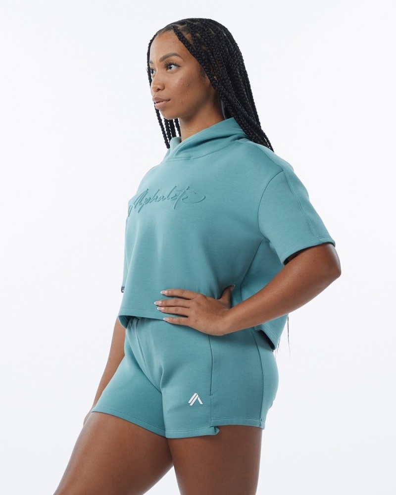 Alphalete ELMTS Half Sleeve Donna Felpa Con Cappuccio Verde Acqua | 68BIXMJRV
