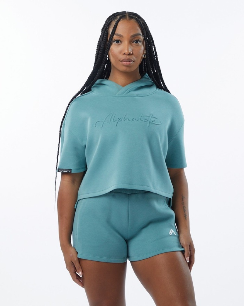Alphalete ELMTS Half Sleeve Donna Felpa Con Cappuccio Verde Acqua | 68BIXMJRV