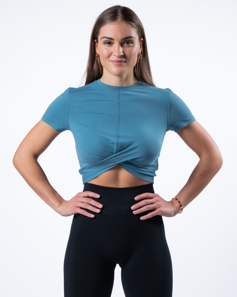 Alphalete Evo Twist Crop Donna Camicie Blu | 98IMVJGSX