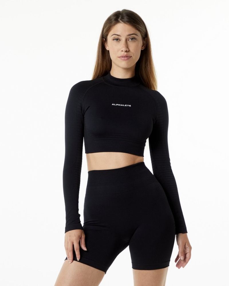 Alphalete Ozone High Neck LS Crop Donna Magliette Nere | 03YAFZBIH