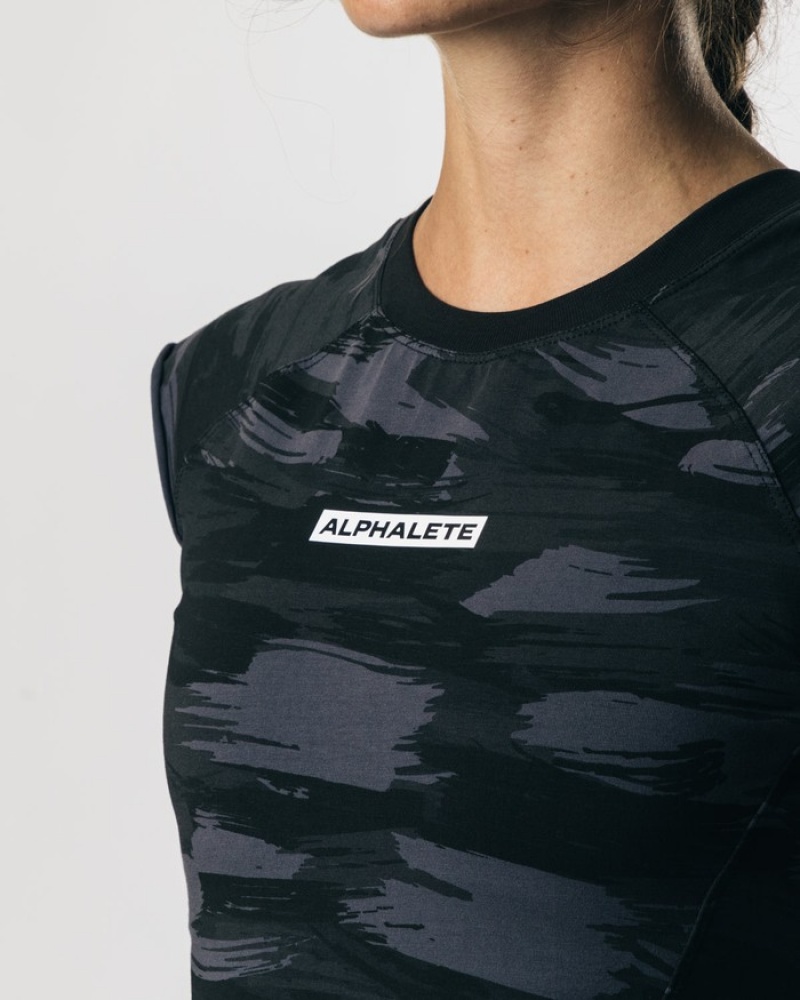 Alphalete Velocity Crop Donna Camicie Nere Camouflage | 68KTIMXYS