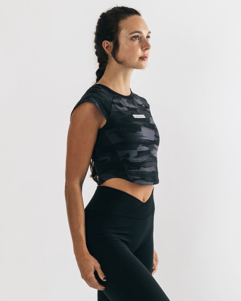 Alphalete Velocity Crop Donna Camicie Nere Camouflage | 68KTIMXYS