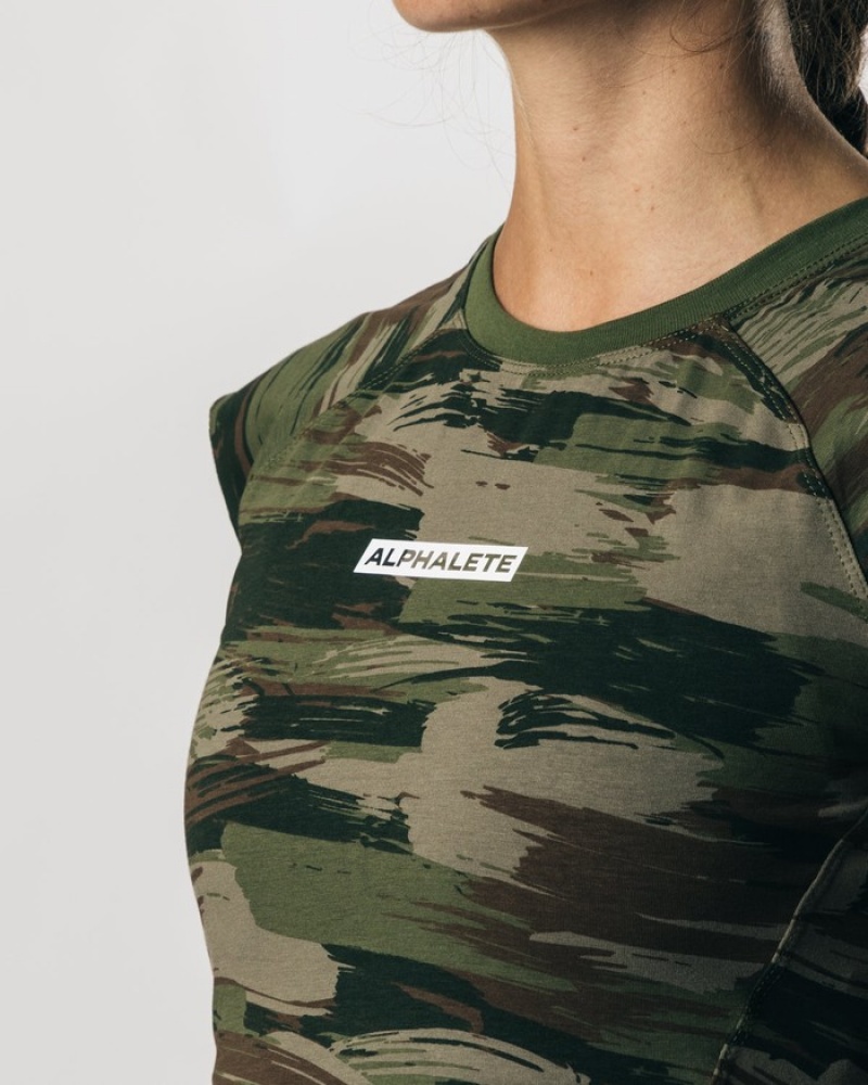 Alphalete Velocity Crop Donna Camicie Verde Oliva Camouflage | 68ELITKZX