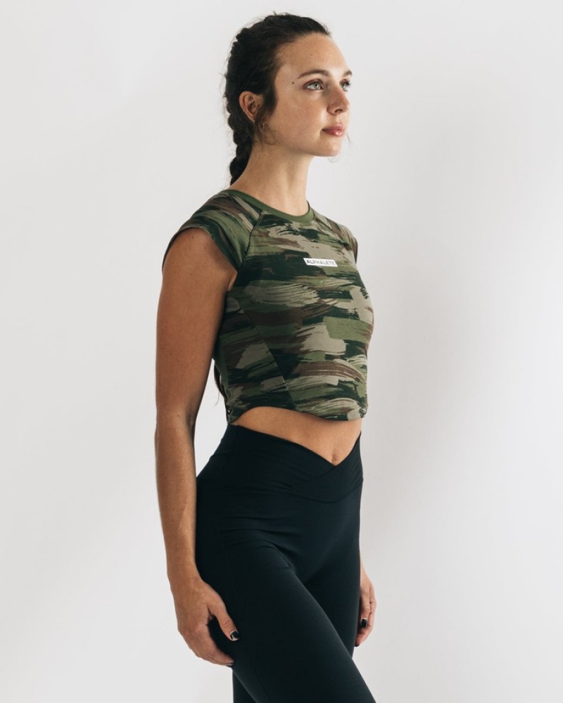 Alphalete Velocity Crop Donna Camicie Verde Oliva Camouflage | 68ELITKZX