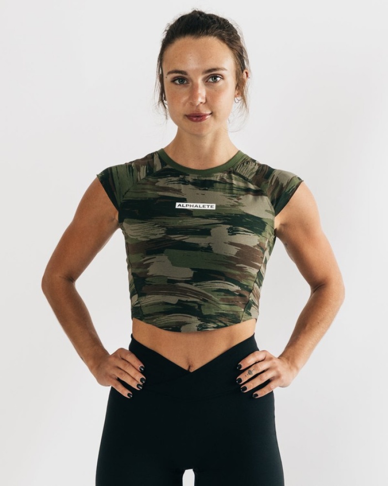 Alphalete Velocity Crop Donna Camicie Verde Oliva Camouflage | 68ELITKZX